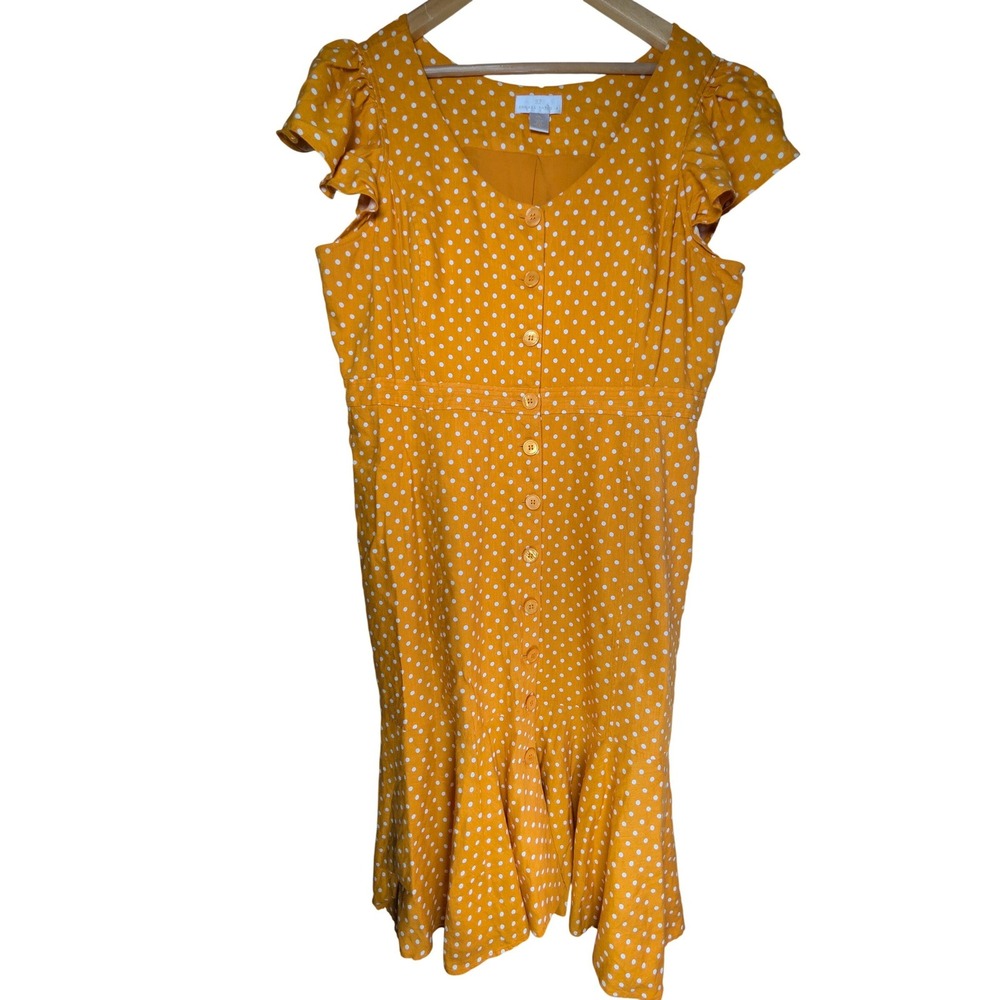 Rachel Parcell Mustard Yellow Polka Dot Linen Blend Button Front Midi Dress XXL